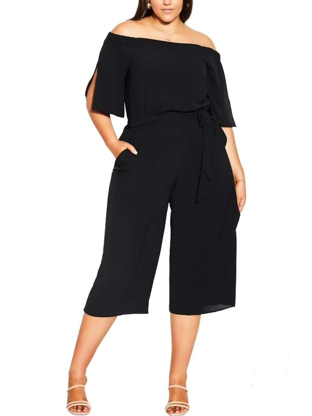 City Chic Off-Shoulder Black Wide-Leg Jumpsuit with Waist Tie Size 2X